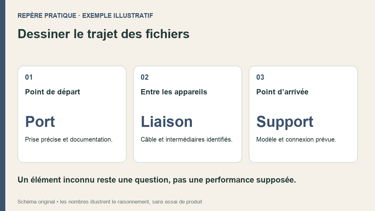 Schéma à trois cartes du port, de la liaison et du support de stockage.